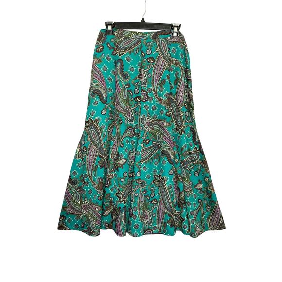 Coldwater Creek Teal & Paisley Flared Maxi Skirt Large Petite Cottagecore Boho - Picture 1 of 4